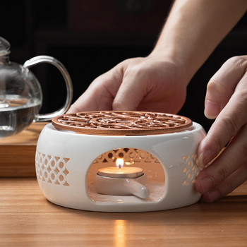 Кръгъл керамичен чайник Нагревател Чаена свещ Пещ с поднос за свещ Нагревател Подставка за чинии Чаша Нагревател за нагряване на кафе Мляко или чай
