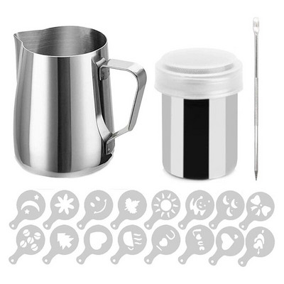 Rozsdamentes acél tejhabos kancsó 20 oz Kávé shaker Duster Cukorpor Kakaószita cappuccino kávésablonnal