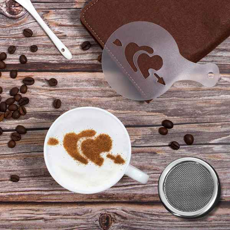 Rozsdamentes acél tejhabosító kancsó 20 oz Kávé shaker Duster Cukorpor Kakaószita Cappuccino kávésablonnal