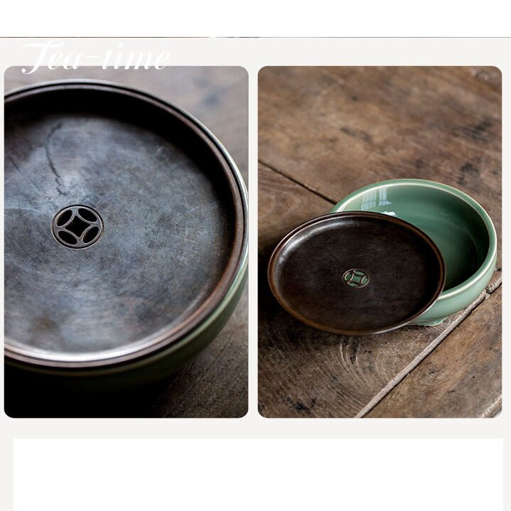 Kézzel készített Yue Kiln Celadon edény csapágytartó réz fedéllel Retro Hat állvány Víztároló Teatálca Háztartási teaszertartás