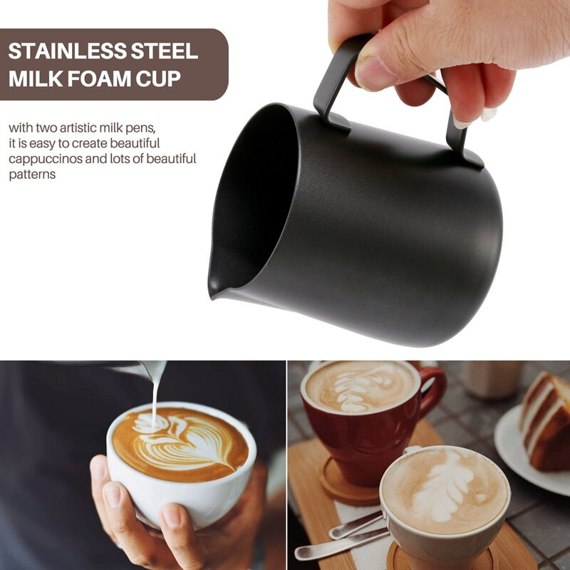 2 pakelių pieno putų ąsotis, garuojantis ąsotis su dekoravimo rašikliu, kavos cappuccino Latte Art pieno putų plaktuvas (12 OZ ir 20 OZ)