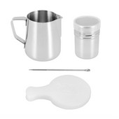 Rozsdamentes acél tejhabosító kancsó 20 oz Kávé shaker Duster Cukorpor Kakaószita Cappuccino kávésablonnal