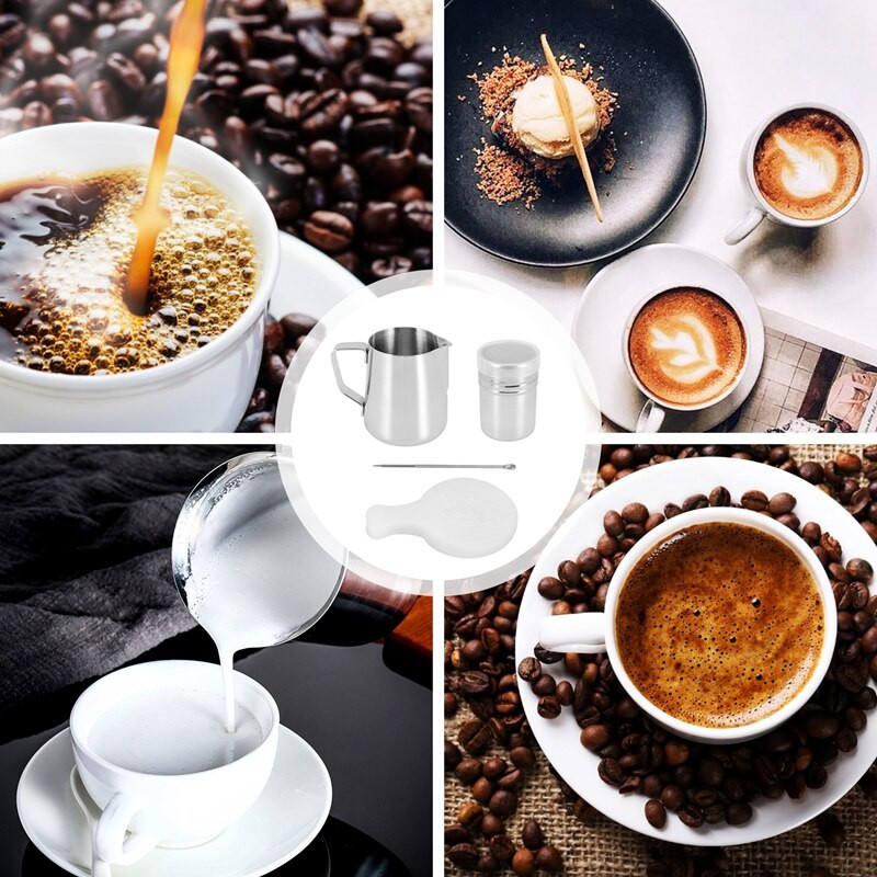 Rozsdamentes acél tejhabosító kancsó 20 oz Kávé shaker Duster Cukorpor Kakaószita Cappuccino kávésablonnal