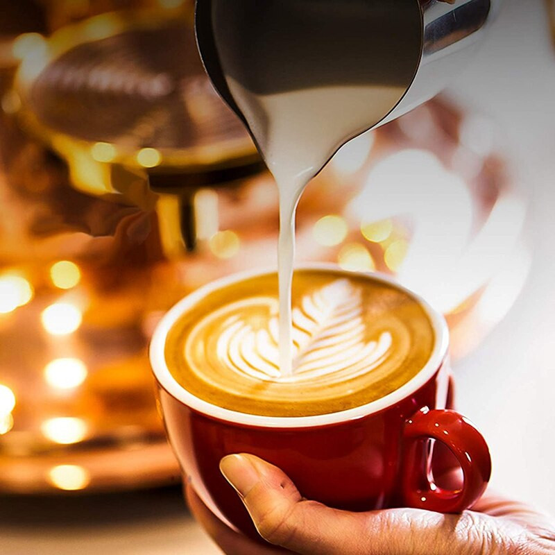 Rozsdamentes acél tejkanna, tejeskancsó kávéfőzőhöz, espresso kávés csésze bögre méréssel, tejkancsó, Latte Art
