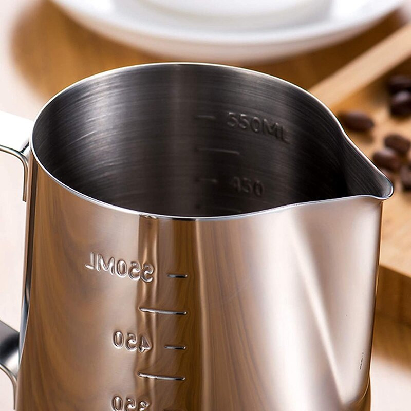Rozsdamentes acél tejkanna, tejeskancsó kávéfőzőhöz, espresso kávés csésze bögre méréssel, tejkancsó, Latte Art