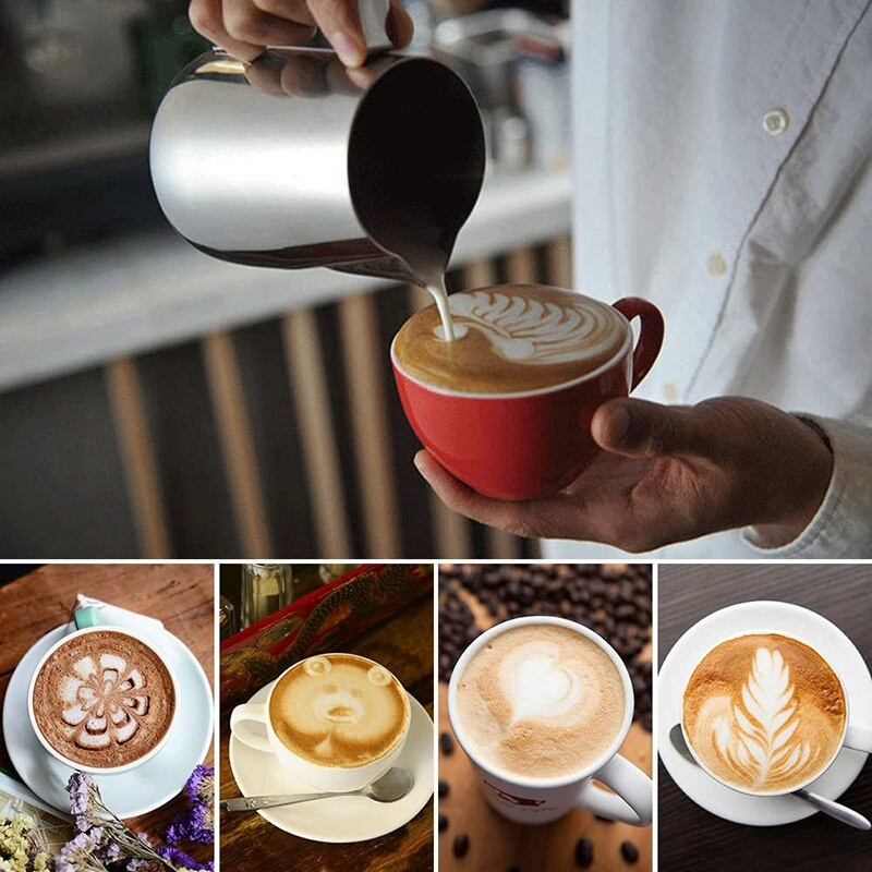Rozsdamentes acél tejkanna, tejeskancsó kávéfőzőhöz, espresso kávés csésze bögre méréssel, tejkancsó, Latte Art