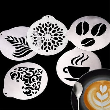 Комплект от 5 шаблона за кафе Направи си сам Декоративни шаблони за печат от пяна за капучино Многократна употреба от неръждаема стомана Преносими инструменти за изкуство за кафе Аксесоари