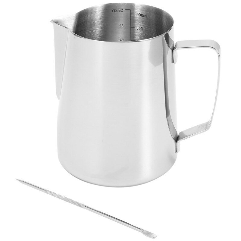 Urcior de lapte, ulcior de cafea portabil de 900 ml, ceașcă de ulcior pentru spumare a laptelui, cu marcaj de măsurare și stilou Latte Art, ulcioare pentru lapte