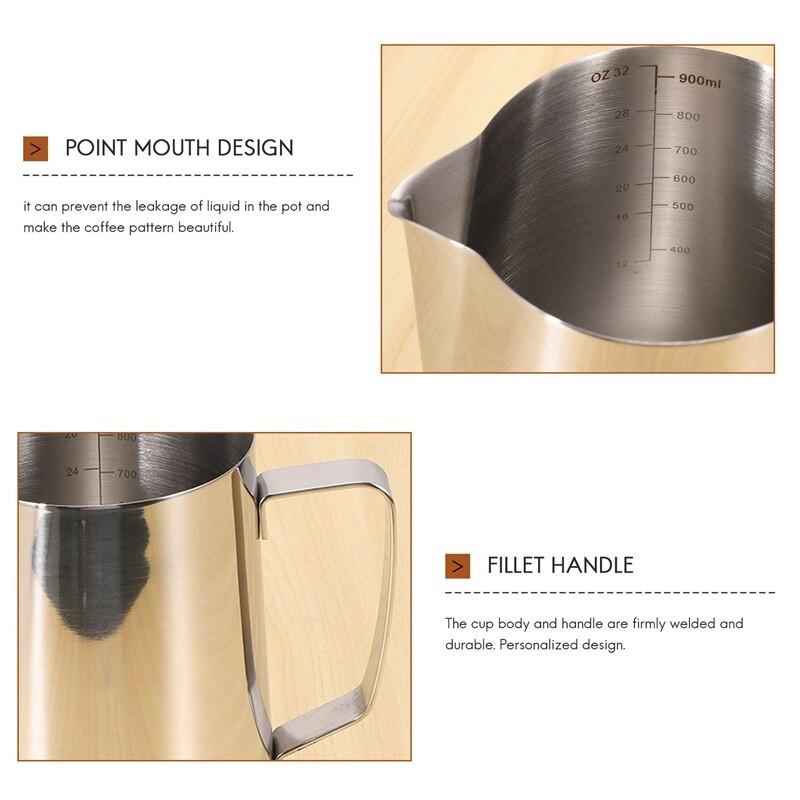 Urcior de lapte, ulcior de cafea portabil de 900 ml, ceașcă de ulcior pentru spumare a laptelui, cu marcaj de măsurare și stilou Latte Art, ulcioare pentru lapte