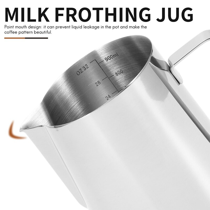 Tejkancsó, 900 ml-es kézi kávékrém Tejhabosító kancsó csésze mérőjellel és Latte Art tollal, tejeskancsó