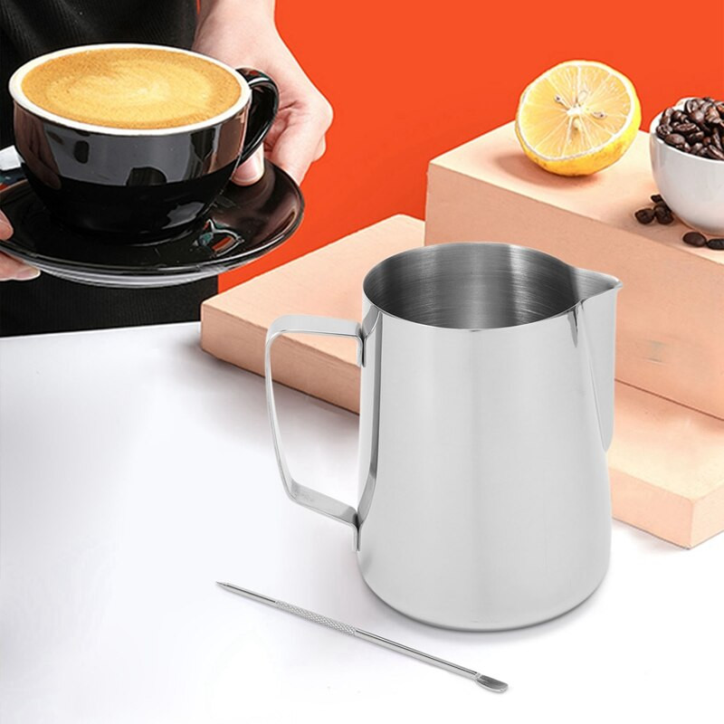 Tejkancsó, 900 ml-es kézi kávékrém Tejhabosító kancsó csésze mérőjellel és Latte Art tollal, tejeskancsó
