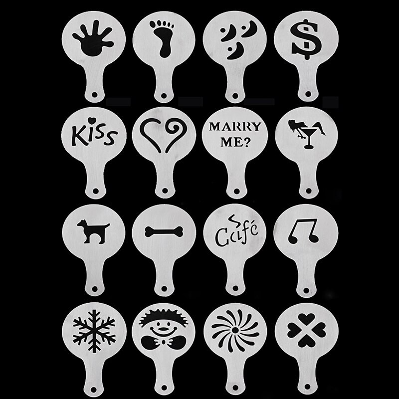 16 vnt. kavos trafaretai Latte Art kapučino formos nerūdijančio plieno plokštės šablonas 16 modelių