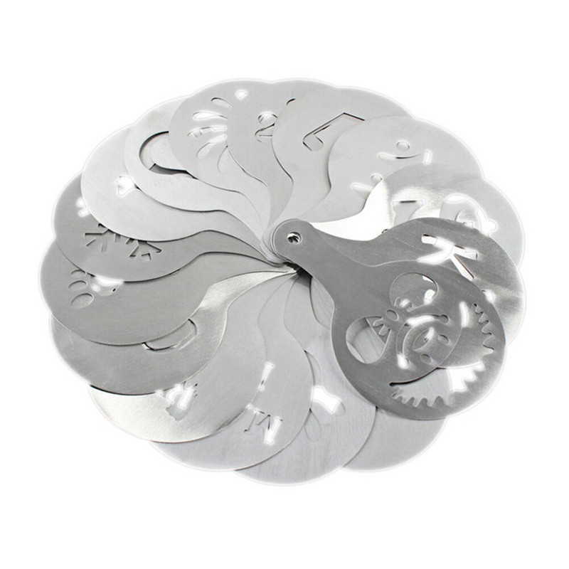 16 vnt. kavos trafaretai Latte Art kapučino formos nerūdijančio plieno plokštės šablonas 16 modelių