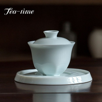 Hutian Kiln Misty Blue Porcelain Pot Bearing Support Ръчно изработен релеф Благоприятни облаци Teapot Base Chinese Dry Bubble Tea Plate