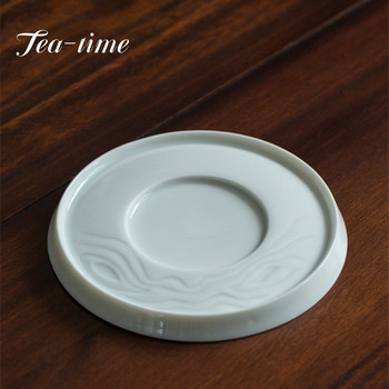 Hutian Kiln Misty Blue Porcelain Pot Bearing Support Ръчно изработен релеф Благоприятни облаци Teapot Base Chinese Dry Bubble Tea Plate