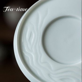 Hutian Kiln Misty Blue Porcelain Pot Bearing Support Ръчно изработен релеф Благоприятни облаци Teapot Base Chinese Dry Bubble Tea Plate