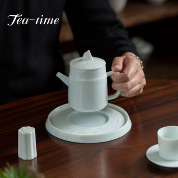 Hutian Kiln Misty Blue Porcelain Pot Bearing Support Ръчно изработен релеф Благоприятни облаци Teapot Base Chinese Dry Bubble Tea Plate