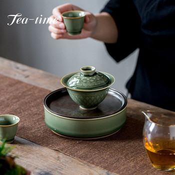 Yue Kiln Celadon Pot Bearing Домакинска суха тава за чай Ръчно изработена керамична кунг-фу чаена поставка Поставка за тенджера Мед Gaiwan Поставка за чайник Тава