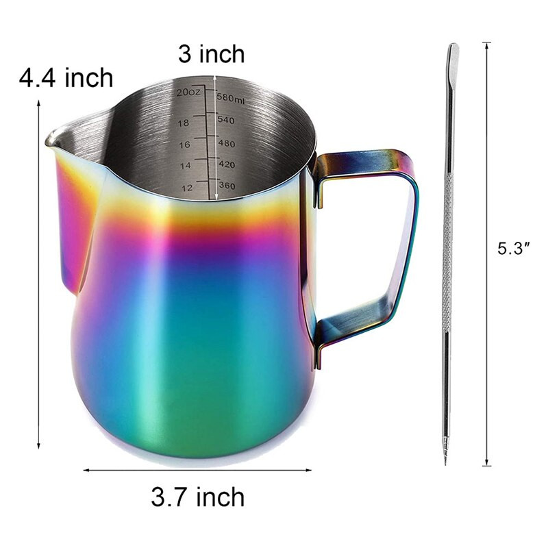20 uncijų pieno putų ąsotis su dekoratyviniu meniniu rašikliu, spalvingu nerūdijančio plieno pieno putos ąsočiu, kavos garinimo puodeliu