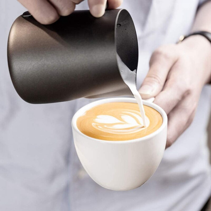 Rozsdamentes acél tejkanna, tejhabosító, tejhabosító kancsó Latte Art tollal, Cappuccino eszpresszóhoz