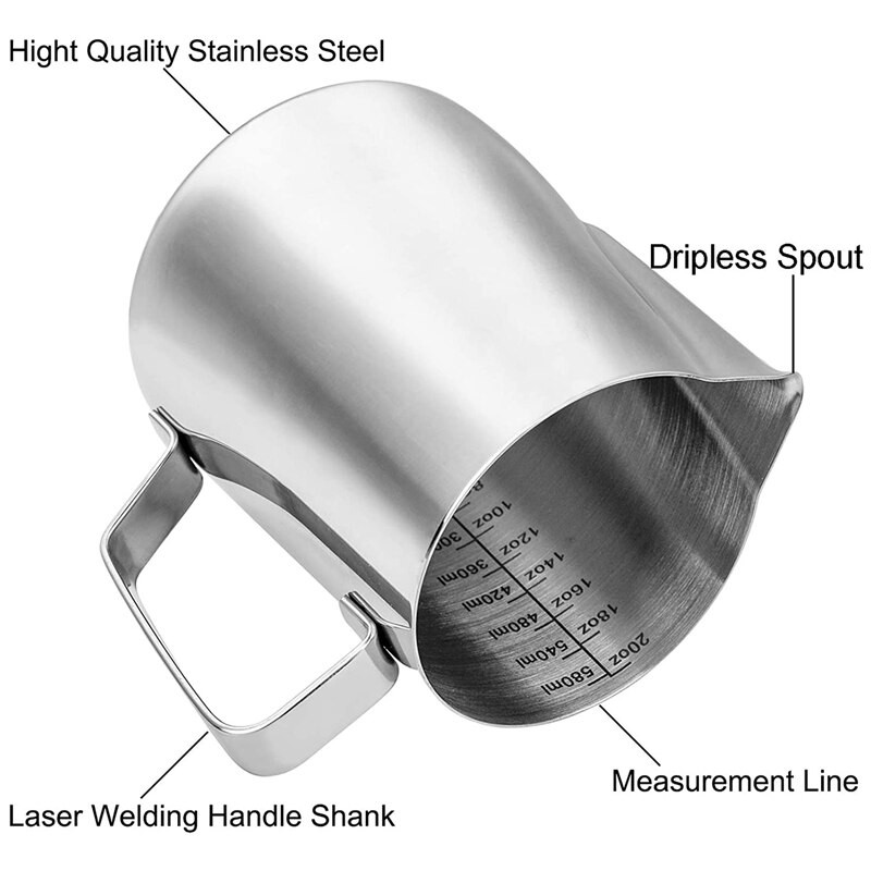 2 pak. pieno putų ąsotis, 12Oz ir 20Oz espreso garų ąsotis, pieno putų plakiklio garintuvo puodelis, varnelė viduje