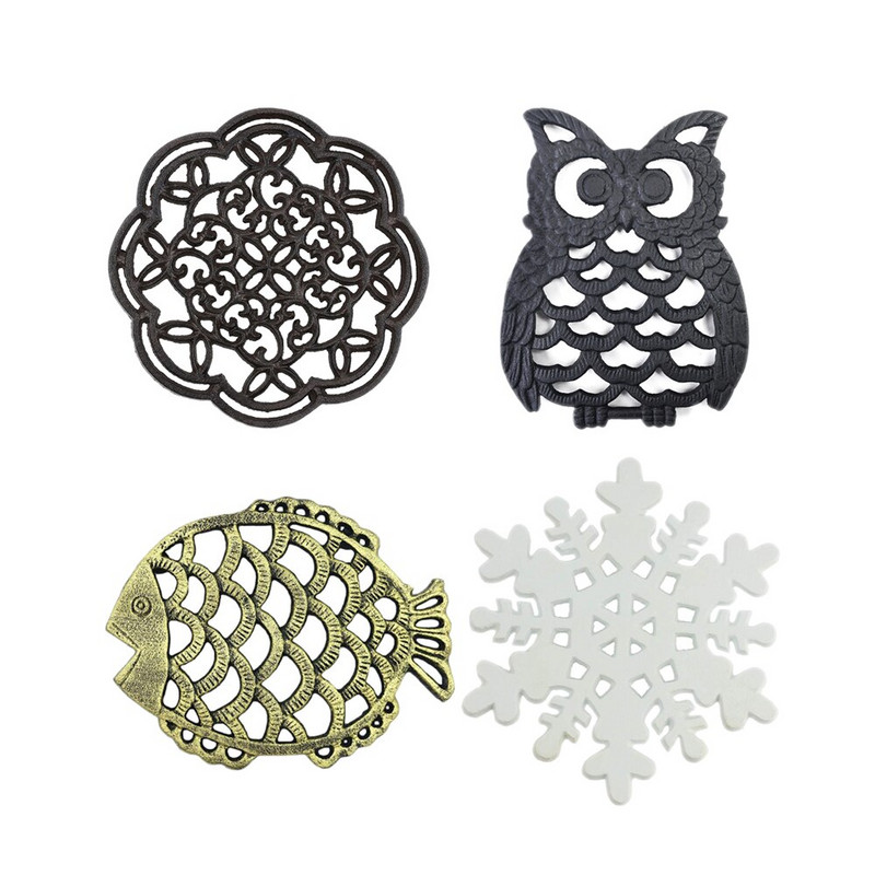 Öntöttvas teáskanna Trivet Vintage virág/bagoly/hal/hópehely kerek edénytartó üreges szőnyeg hőszigetelő alátét asztaldísz konyhai teáskészlet