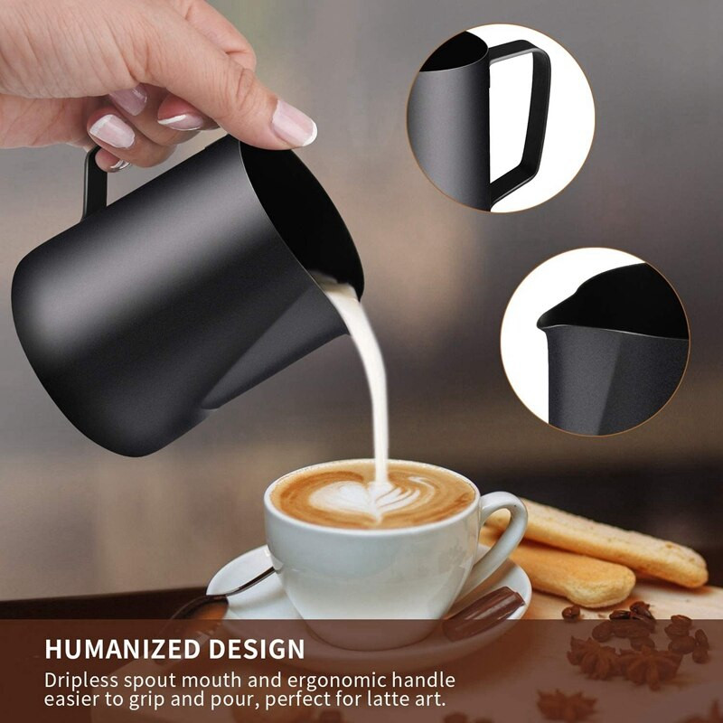 Tejhabosító kancsó, rozsdamentes acél tejes kávéhabosító kancsó 900 ml (32 Oz) cappuccino eszpresszó készítéséhez (fekete)