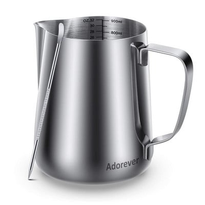 Pieno ąsotis, 900 ml rankinis kavos grietinėlės ąsočio pieno putų ąsočio puodelis su matavimo žyma ir Latte Art rašikliu, pieno ąsočiai