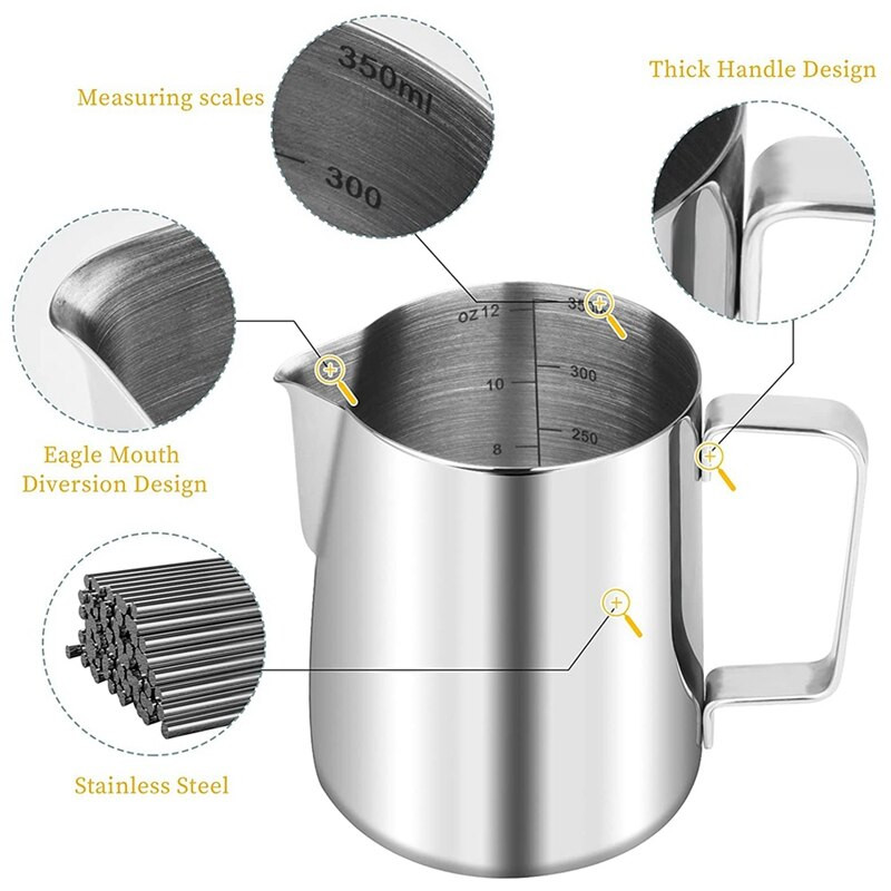 Tejhabosító csésze, 12 Oz/350 ml-es rozsdamentes acél tejhabosító kancsó porrázóval, Coffee Art tollal és kávésablonnal