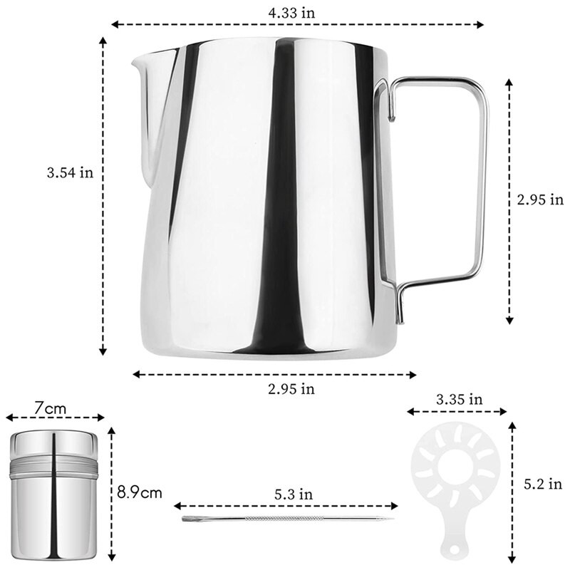 Tejhabosító csésze, 12 Oz/350 ml-es rozsdamentes acél tejhabosító kancsó porrázóval, Coffee Art tollal és kávésablonnal