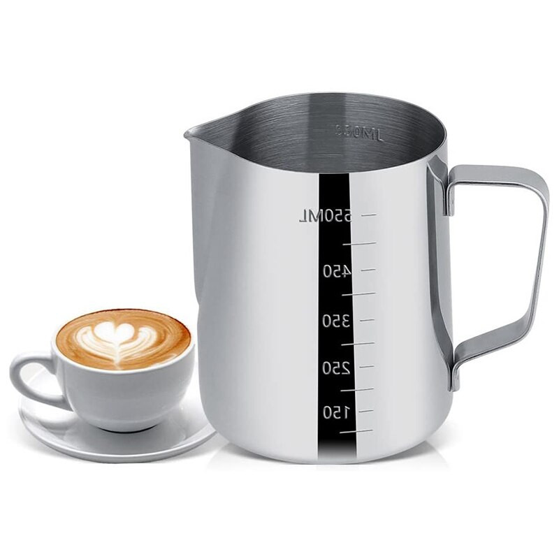 Rozsdamentes acél tejkanna, tejeskancsó kávéfőzőhöz, eszpresszó kávés csésze bögre méréssel, tejkancsó, Latte Art
