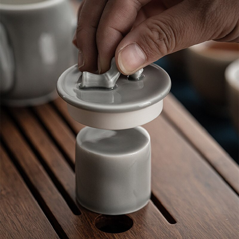 Jednostavni keramički set navlaka u japanskom stilu, ručno rađen ledeno siva glazura navlaka Tureen Čajnik Držač gornjeg poklopca Kung Fu pribor za čaj