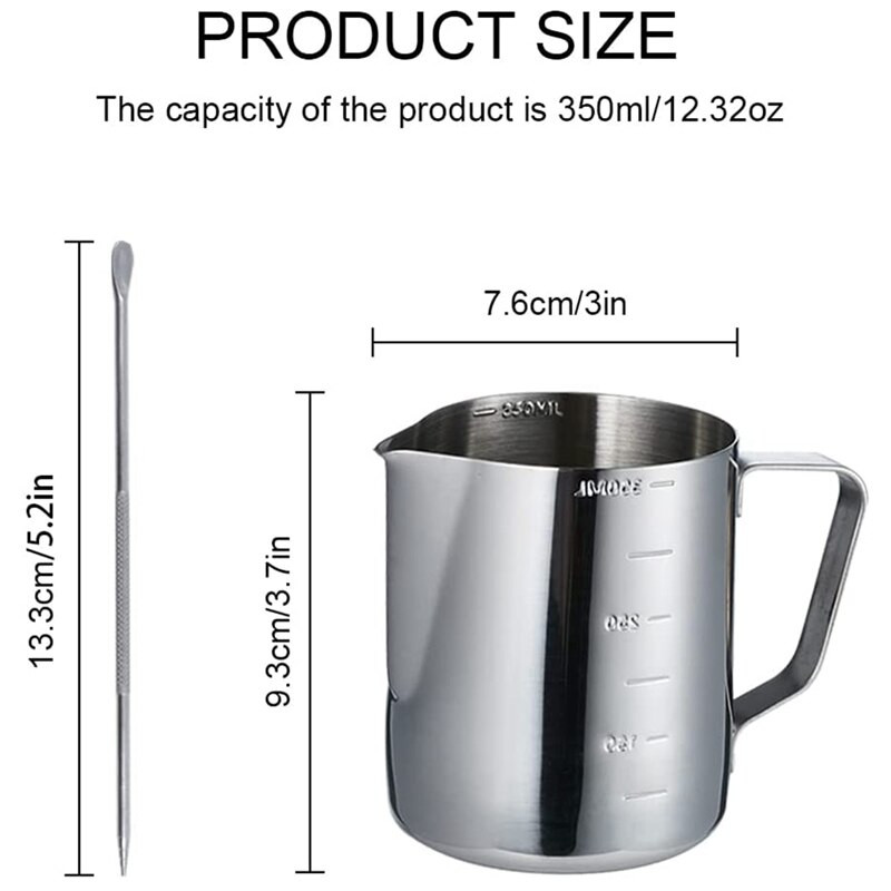 Vrč za pjenjenje espresso mlijeka s mjeračem iznutra i izvana, šalica za mlijeko s vijencem od nehrđajućeg čelika, 2 olovke za kavu (12 oz.)