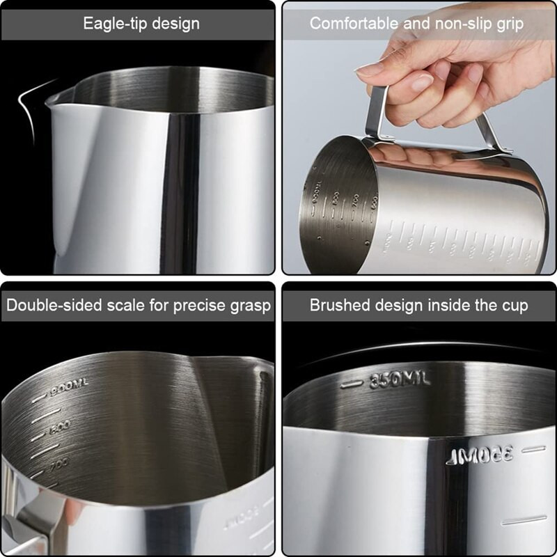 Espresso tejhabosító kancsó kívül-belül mérettel, rozsdamentes acél Garland tejcsésze, 2 Latte Art toll (12 Oz)