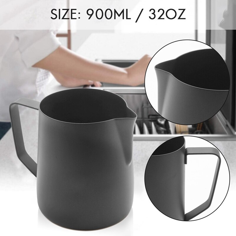 Pieno putojimo ąsotis, nerūdijančio plieno pieno kavos putų ąsotis 900 ml (32 Oz) Kapučino espreso kavos ruošimui (juodas)