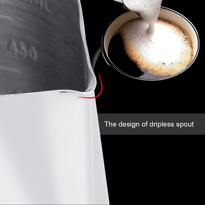 Rozsdamentes acél tejkanna, tejeskancsó kávéfőzőhöz, espresso kávés csésze bögre méréssel, tejkancsó, Latte Art