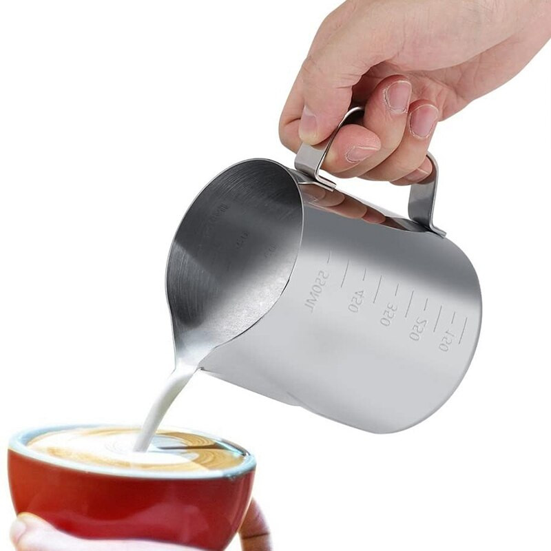 Rozsdamentes acél tejkanna, tejeskancsó kávéfőzőhöz, espresso kávés csésze bögre méréssel, tejkancsó, Latte Art