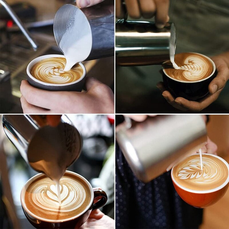 Rozsdamentes acél tejkanna, tejeskancsó kávéfőzőhöz, espresso kávés csésze bögre méréssel, tejkancsó, Latte Art