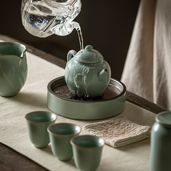 Retro Ru Kiln Tin Κάλυμμα Κατσαρόλας που φέρει κεραμικό δίσκο αποθήκευσης νερού Azure Porcelain Tea Ceremony Retro Kung Fu Tea Dry Brewing Table