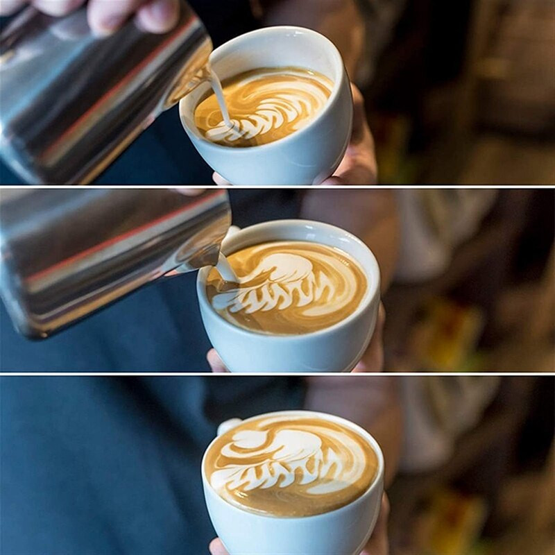 Rozsdamentes acél tejhabosító kancsó Macchiato Cappuccino Latte Art-hoz, Latte Art tollal, tejhabosítóval, 350 ml
