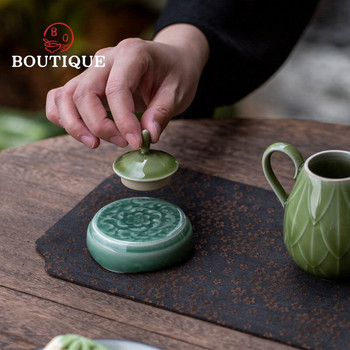 Boutique Yue Kiln Celadon Θήκη για κάλυμμα τσαγιέρας Χειροποίητη ανάγλυφη θήκη από πορσελάνινο καπάκι Coaster Zisha Αξεσουάρ σετ τσαγιού Kung Fu