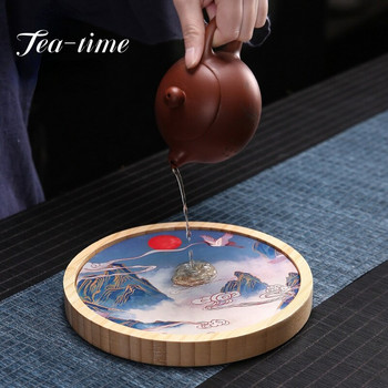Бамбукова кръгла бамбукова саксия, носеща абсорбираща тава за чай, малка суха чиния с мехурчета, държач за чайник, домакинска чайна церемония, аксесоари, подаръци