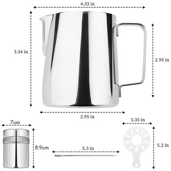 Milk Frother Cup, 12Oz/350Ml από ανοξείδωτο χάλυβα Milk Frothing Pitch with Powder Shaker, Coffee Art Pen and Coffee Stencil