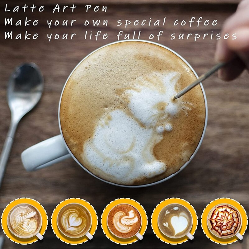 Tejhabosító csésze, 12Oz/350Ml rozsdamentes acél tejhabosító kancsó porrázóval, Coffee Art tollal és kávésablonnal