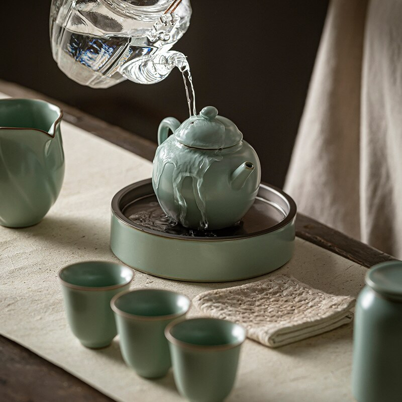 Retro Ru kemence bádog fedő edény Csapágy Kerámia víztároló tálca Kung Fu teaszáraz főzőasztal Retro azúrkék porcelán teaszertartás