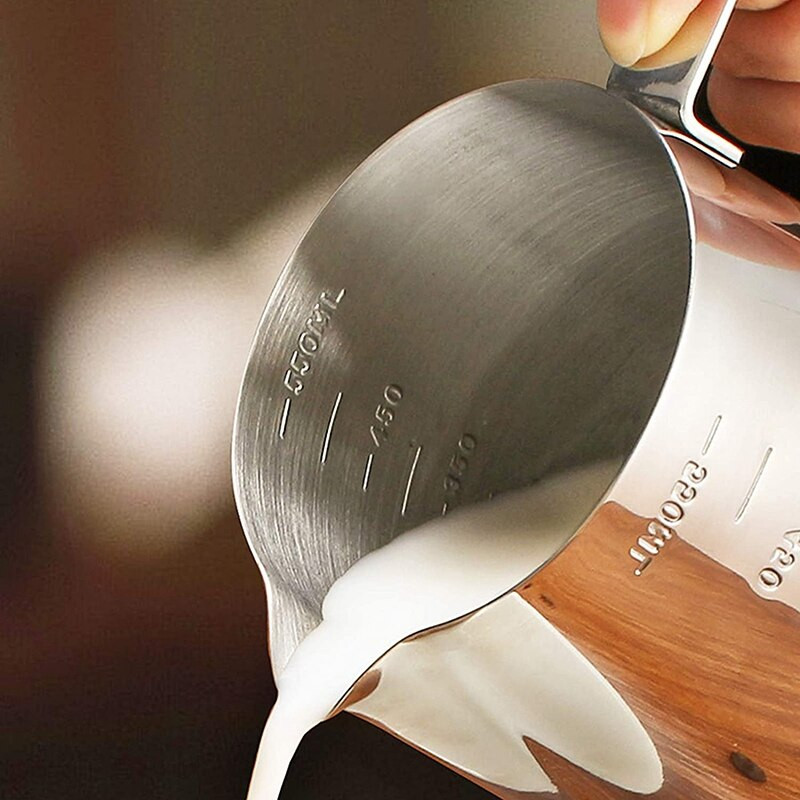 Rozsdamentes acél tejkanna, tejeskancsó kávéfőzőhöz, eszpresszó kávés csésze bögre méréssel, tejkancsó, Latte Art