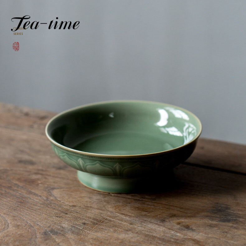 Yue Kiln Celadon magas lábú teástálca Háztartási Gyümölcs Snack Palte Japán forrázásgátló edény csapágytartó Teaszertartási díszek