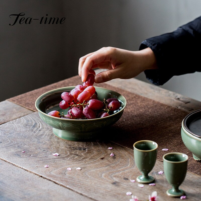 Yue Kiln Celadon magas lábú teástálca Háztartási Gyümölcs Snack Palte Japán forrázásgátló edény csapágytartó Teaszertartási díszek