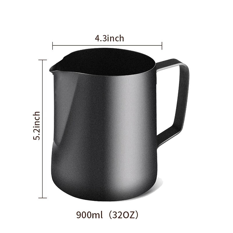 Tejhabosító kancsó, rozsdamentes acél tejes kávéhabosító kancsó 900 ml (32 Oz) cappuccino eszpresszó (fekete) készítéséhez