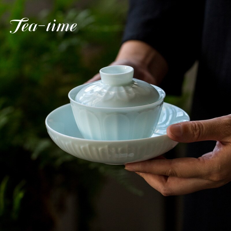 Hutian kemencés edény csapágytálca kézzel készített lótusz árnyék Celadon Glaze Gaiwan tartó tartó Gyümölcs uzsonnatálca Teaszertartási kiegészítők